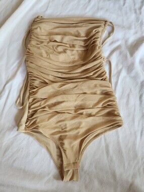 Et Clet Vacay Mode Ruched Tie Back Bodysuit NWT Small Tan Mesh